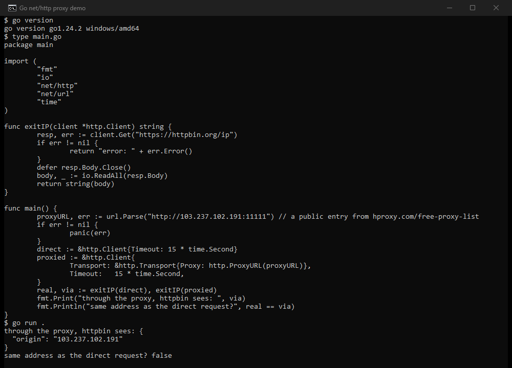 Our own terminal with go version 1.24.2, the source of a 34-line program that builds a direct client and a proxied client with http.ProxyURL, and the run: httpbin reports the address of the public proxy, and the direct comparison prints false.