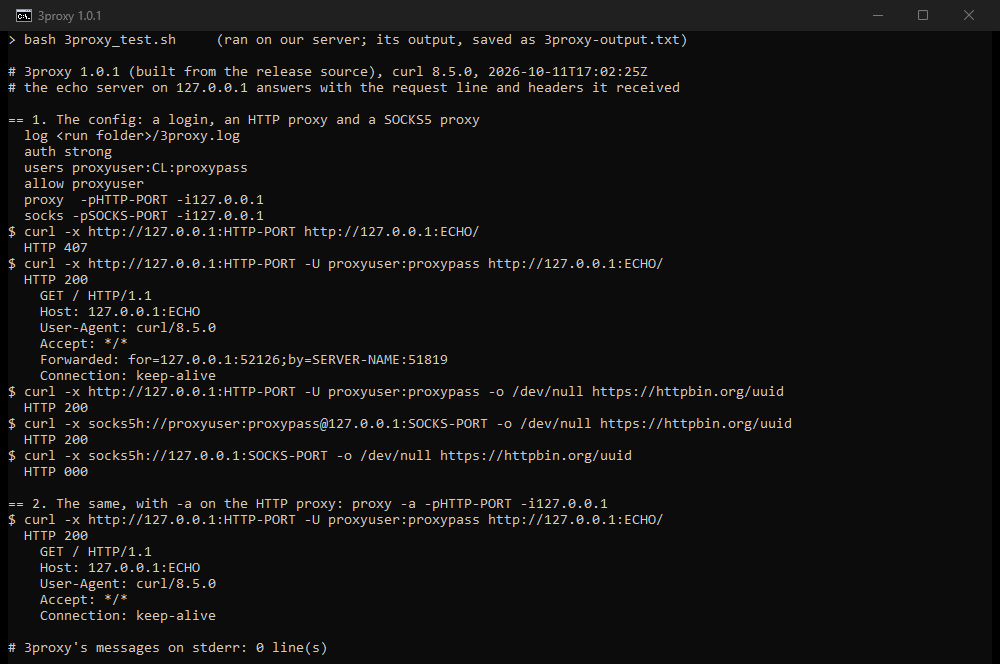 Terminal output: 3proxy answers 407 without the login; with it, the echo server gets a Forwarded header with the client's address and the server's host name; https and SOCKS5 work with the login; with -a the Forwarded header is gone