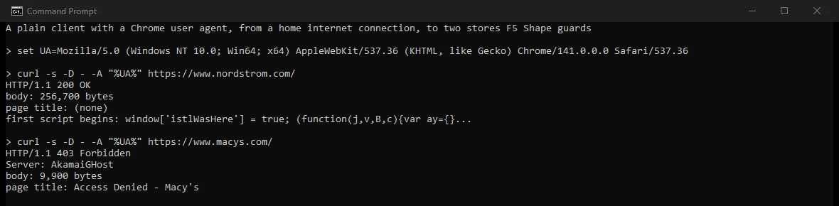 Our terminal on October 22, 2026: curl with a Chrome 141 user agent from a home internet connection. nordstrom.com answered HTTP/1.1 200 OK with a 256,700-byte body, no page title, and a first script beginning window['istlWasHere'] = true followed by obfuscated code. macys.com answered HTTP/1.1 403 Forbidden from Server AkamaiGHost with a 9,900-byte page titled Access Denied - Macy's.