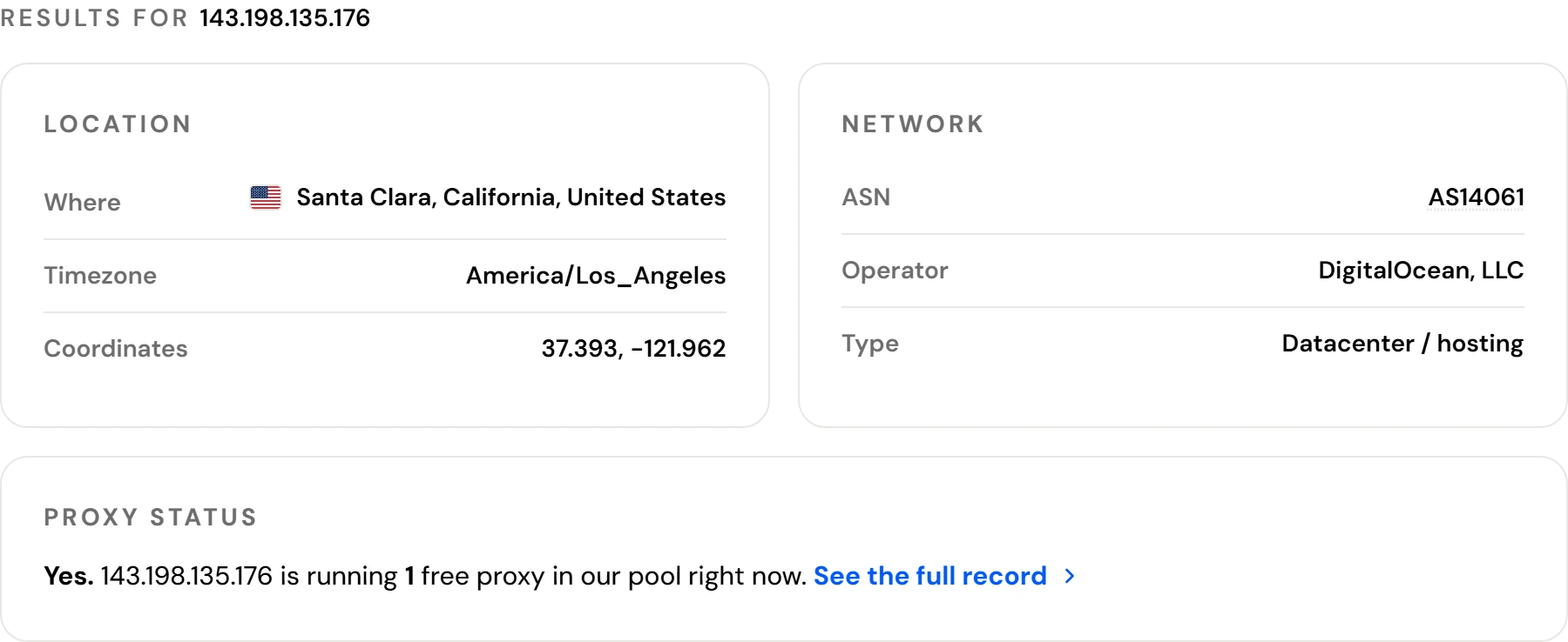 Our IP lookup for 143.198.135.176: Santa Clara, California; AS14061, DigitalOcean; type datacenter or hosting; proxy status yes, a free proxy in our pool