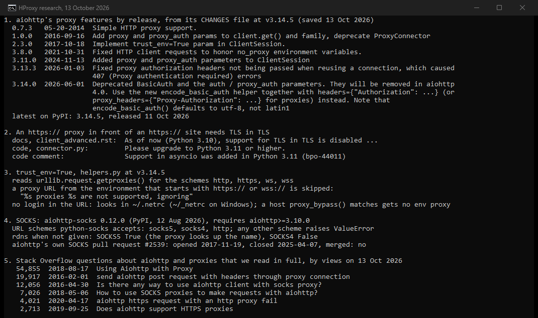 Our console: aiohttp's proxy features by release, HTTPS proxies in its docs and code, what trust_env reads, the SOCKS route, and the Stack Overflow questions we read.