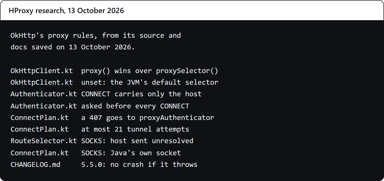 Our console: the lines in OkHttp's source, docs and change log that decide how it uses a proxy, printed from files saved on October 13, 2026.