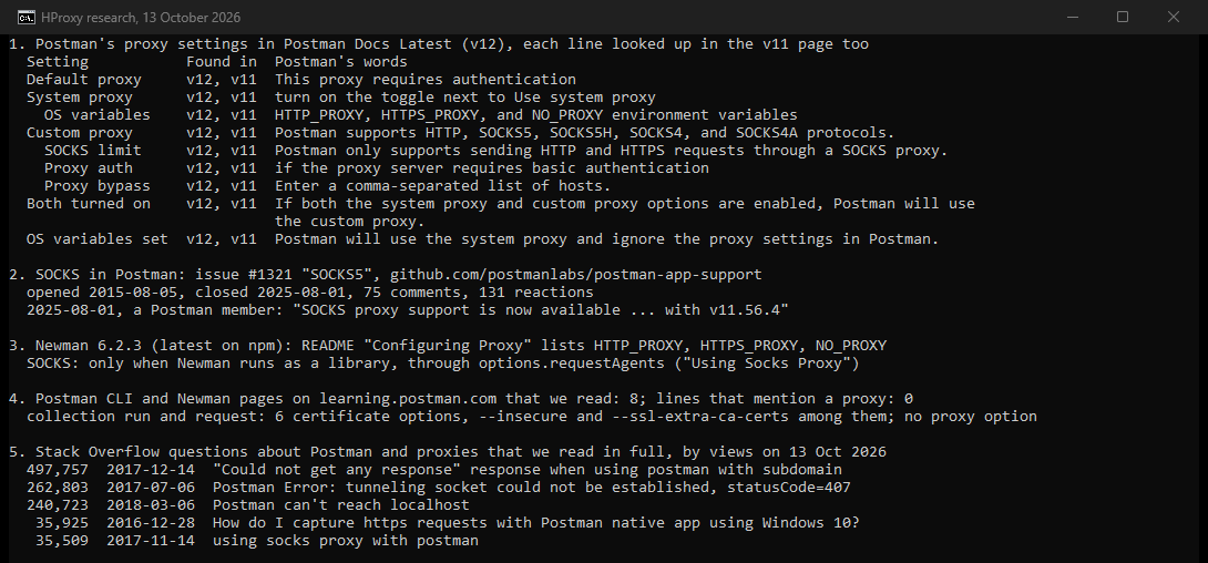 Our console: Postman's proxy settings in the v12 and v11 docs, SOCKS in issue 1321, Newman's proxy variables, and the Stack Overflow questions we read.