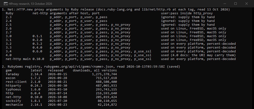 Our console: the proxy arguments of Net::HTTP for each Ruby release, then the latest version and download count of nine Ruby HTTP gems.