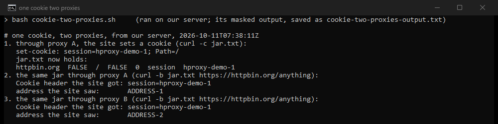 Terminal output: a site sets session=hproxy-demo-1 through proxy A; curl's cookie jar stores it; the same Cookie header then reaches the site through proxy A from ADDRESS-1 and through proxy B from ADDRESS-2