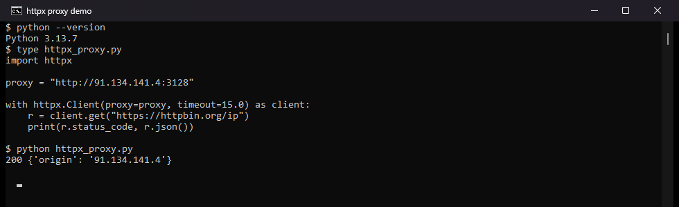 Our terminal running the httpx script with proxy= and printing 200 with the proxy IP as the origin.