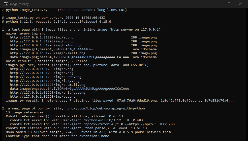 What img src got and missed on our test page, what images.py found, and robots.txt on a page of ours