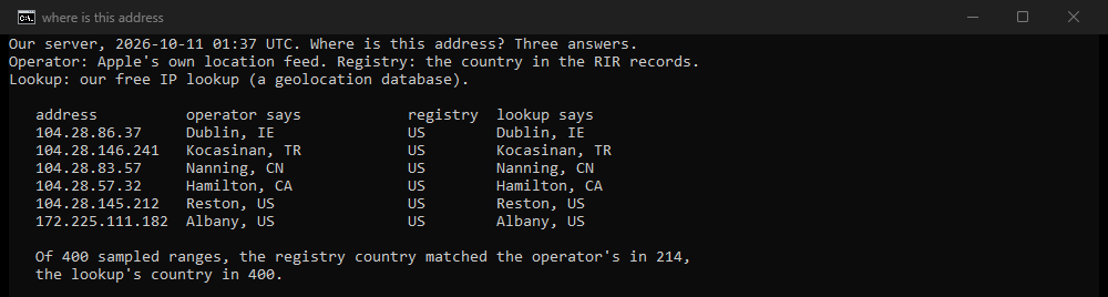 Terminal output: six relay addresses with Apple's location, the registry country and the lookup's answer