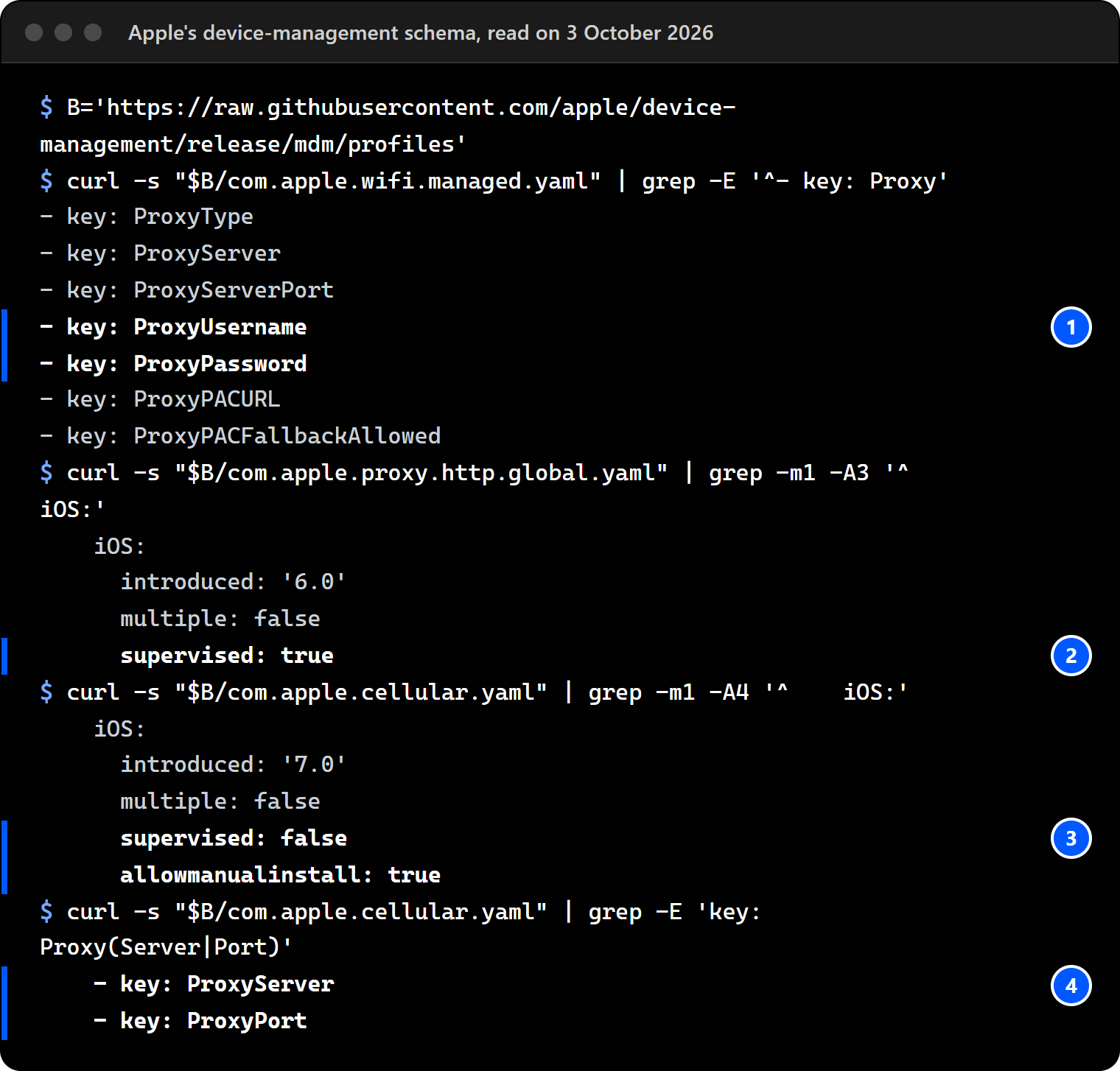 Terminal on our workstation: Apple's device-management schema read with curl. The Wi-Fi proxy has seven settings, ProxyType, ProxyServer, ProxyServerPort, ProxyUsername, ProxyPassword, ProxyPACURL and ProxyPACFallbackAllowed; the Global HTTP Proxy on iOS says supervised: true; the Cellular payload on iOS says supervised: false and allowmanualinstall: true, and its APNs carry ProxyServer and ProxyPort.