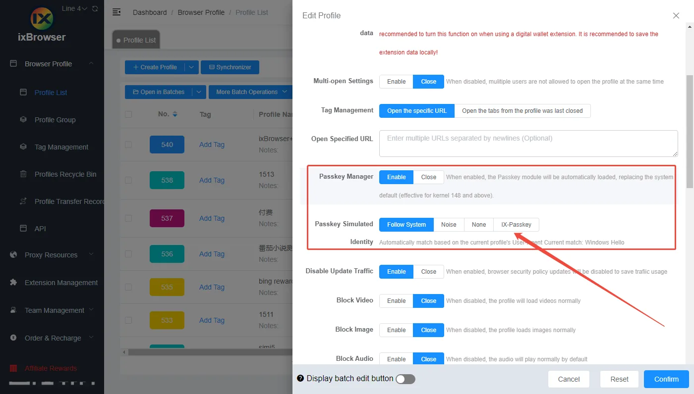 The ixBrowser profile settings with the Passkey Manager switched on and the Passkey Simulated options.