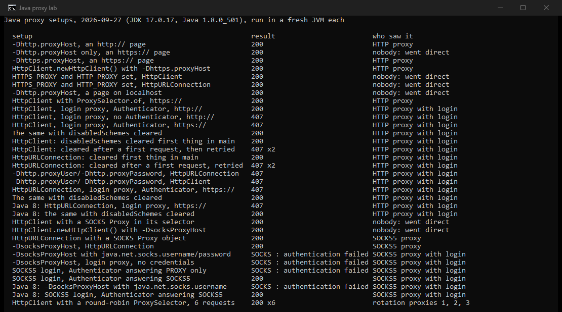 Our own console window: the Java proxy lab printing its result, one line per setup, with the status and which proxy saw the request, on Java 17 and Java 8.