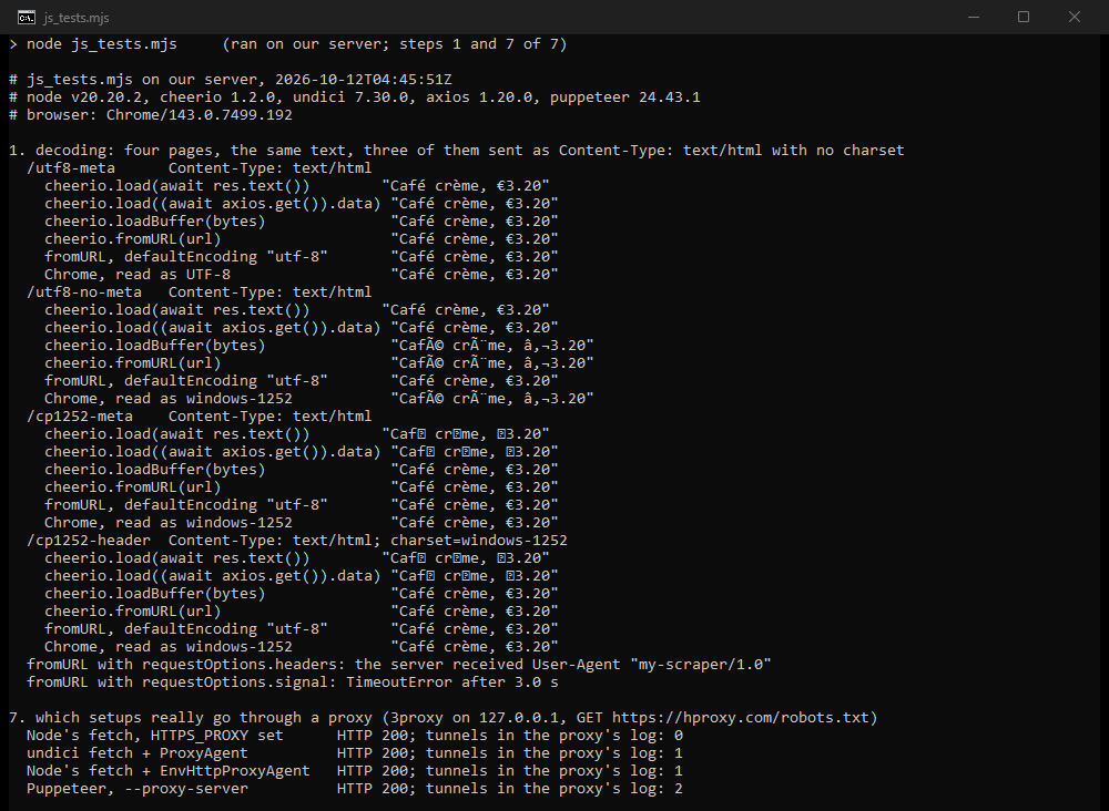Terminal output: four test pages read with fetch, axios, Cheerio's loadBuffer and fromURL, and Chrome, then four ways of sending a request through a proxy
