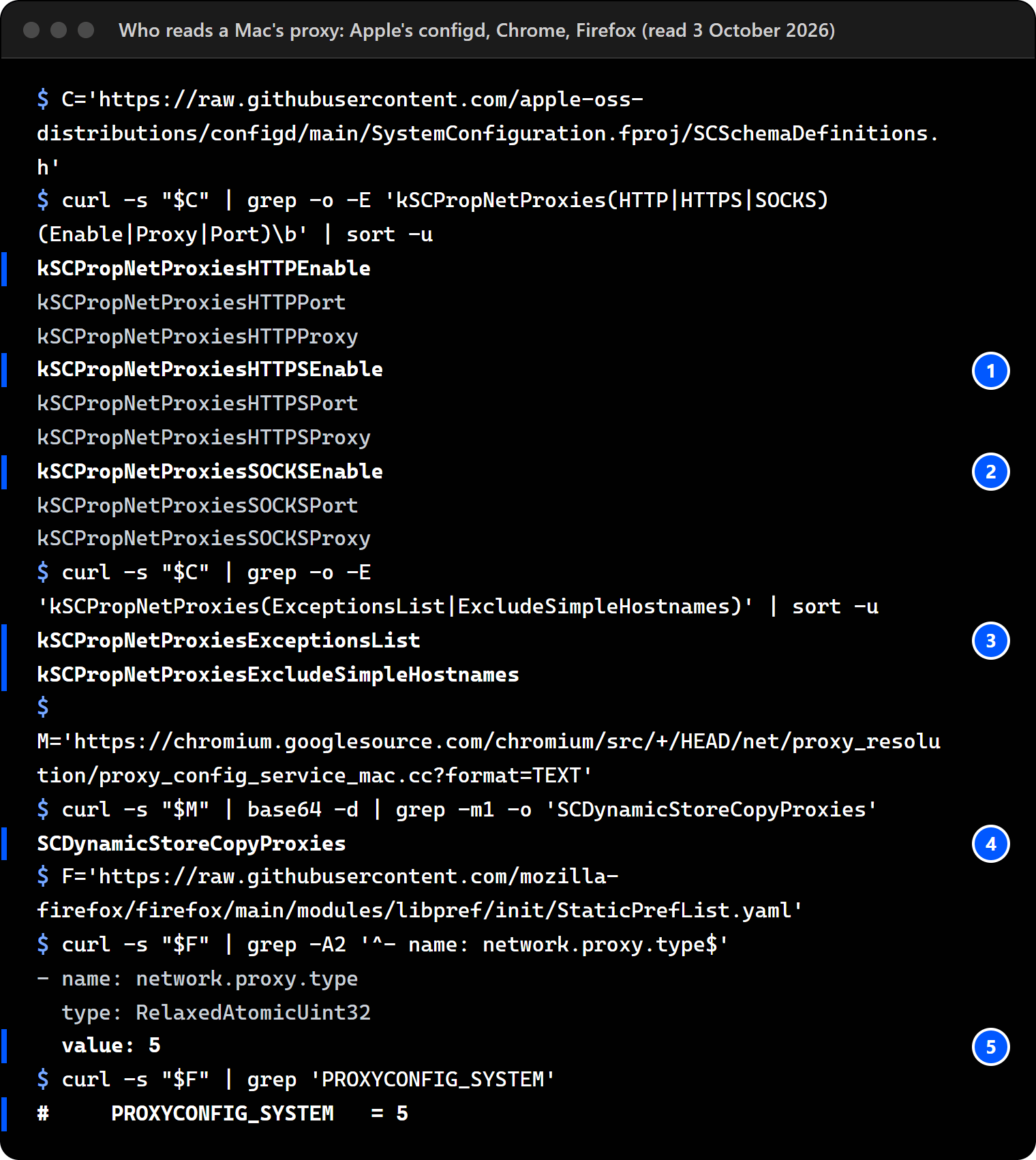 Terminal on our workstation: Apple's configd header lists HTTPEnable, HTTPProxy, HTTPPort, HTTPSEnable, HTTPSProxy, HTTPSPort, SOCKSEnable, SOCKSProxy and SOCKSPort as separate proxy settings, plus ExceptionsList and ExcludeSimpleHostnames; Chrome's Mac proxy code calls SCDynamicStoreCopyProxies; Firefox's preference list sets network.proxy.type to 5, PROXYCONFIG_SYSTEM.