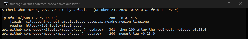 Our console: ipinfo.io/json answered 200 in 0.14 seconds with the fields city, country, hostname, ip, loc, org, postal, readme, region and timezone, and a readme pointing to ipinfo.io/missingauth. mubeng's changelog address under its earlier owner name answered 301, then 200 after the redirect with release v0.23.0, and its tags address named v0.23.0 as the newest.
