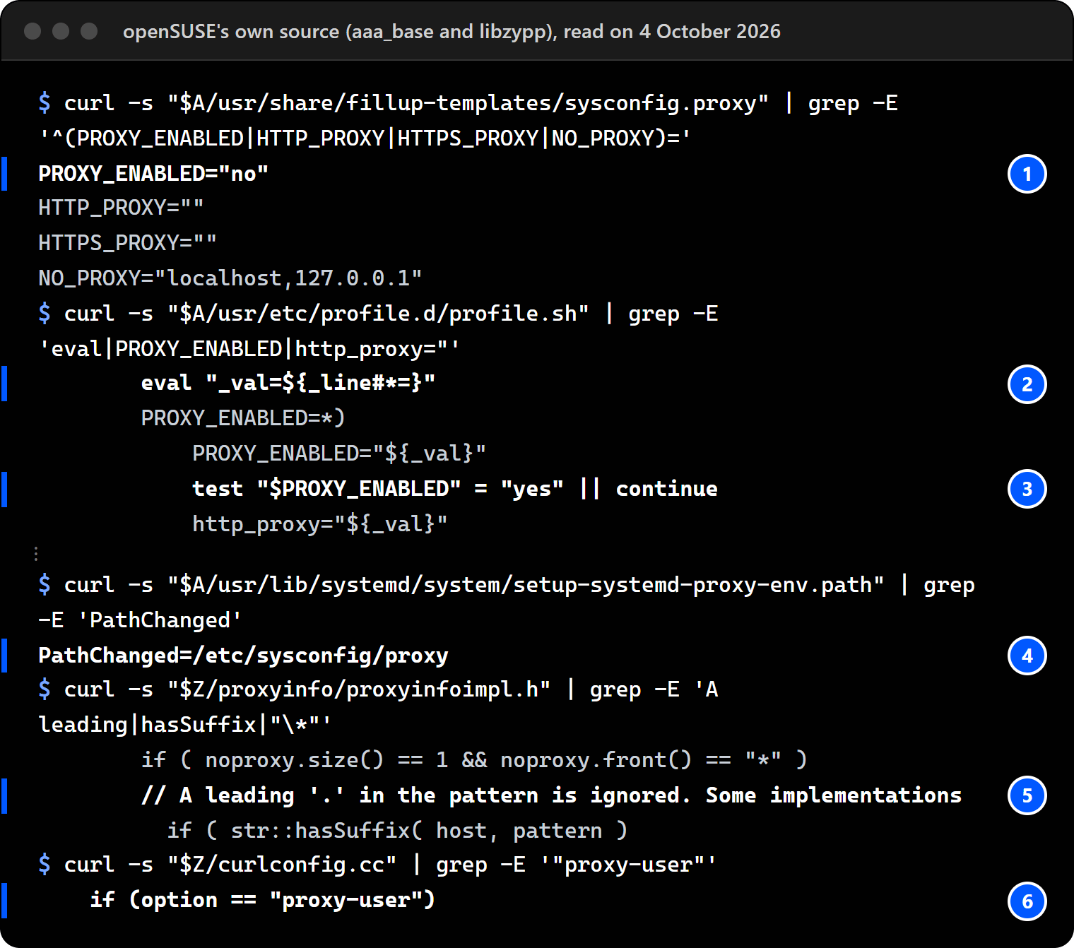 Terminal on our workstation, 4 October 2026: openSUSE's own source shows the proxy file's defaults (PROXY_ENABLED no), the login script's eval and its PROXY_ENABLED test, the systemd path unit watching /etc/sysconfig/proxy, and libzypp's exception matching and proxy-user line.