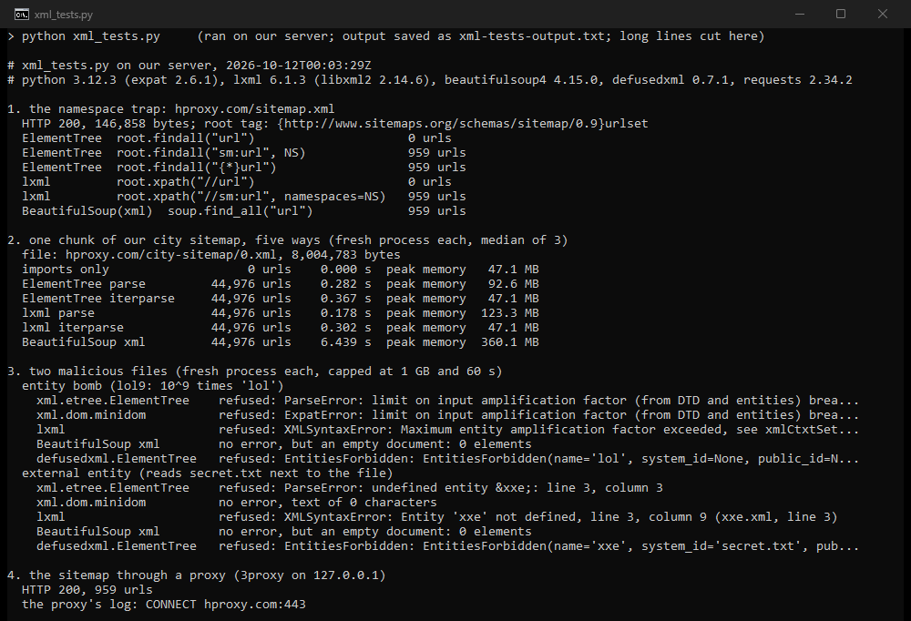 Terminal output: the namespace trap, five ways to read a large sitemap, two malicious files and the proxy step