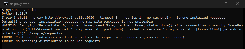 Our own terminal running pip install with a proxy host that does not resolve: the retry warning wraps a NameResolutionError for proxy.invalid, then pip reports that no version of requests could be found.