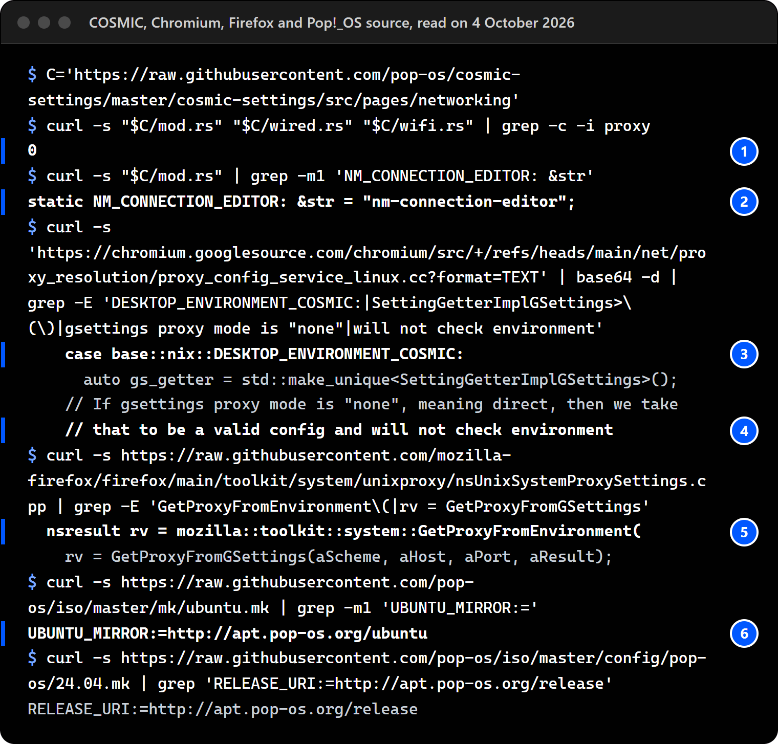 Terminal on our workstation, 4 October 2026: COSMIC Settings' network pages contain the word proxy 0 times and open nm-connection-editor; Chromium sends COSMIC to its GNOME settings reader and skips the variables when the mode is none; Firefox reads the variables before GNOME's settings; Pop!_OS 24.04 fetches packages from http://apt.pop-os.org.