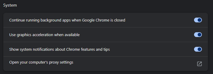 Chrome settings, System section, with the row Open your computer's proxy settings and an external-link icon.