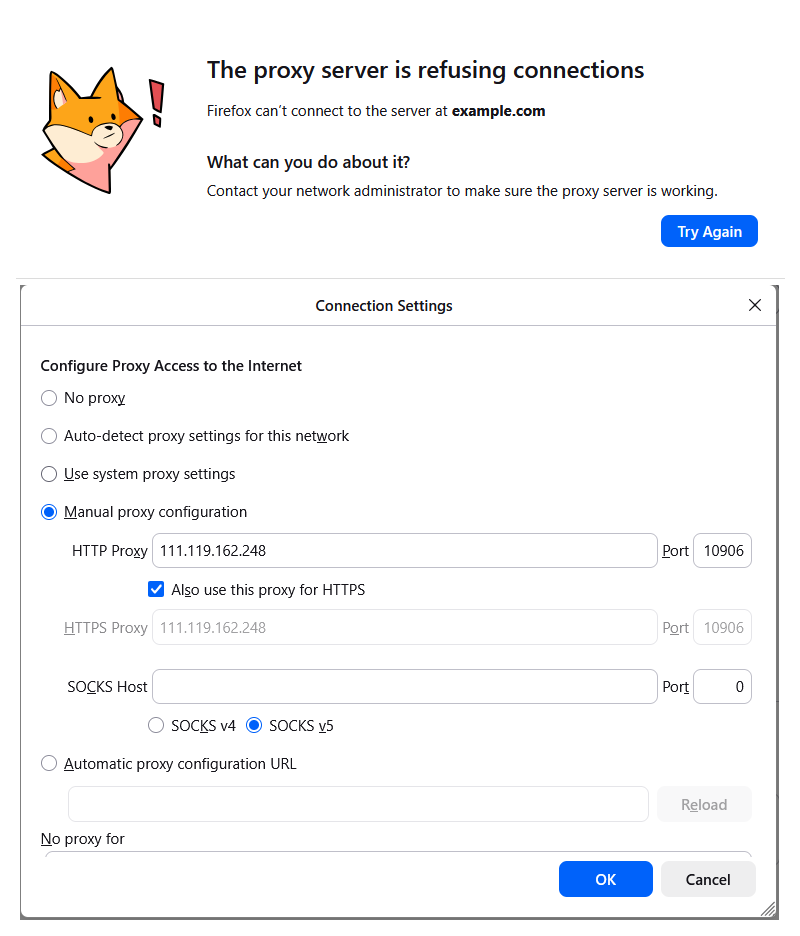Firefox showing The proxy server is refusing connections for example.com, and the Connection Settings dialog below it with a manual HTTP proxy address whose port is off by one.