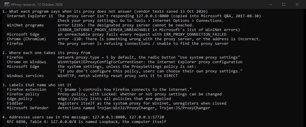 Our console: each program's message for a proxy that does not answer, where each takes its proxy from, the labels that name who set it, and the addresses users saw.