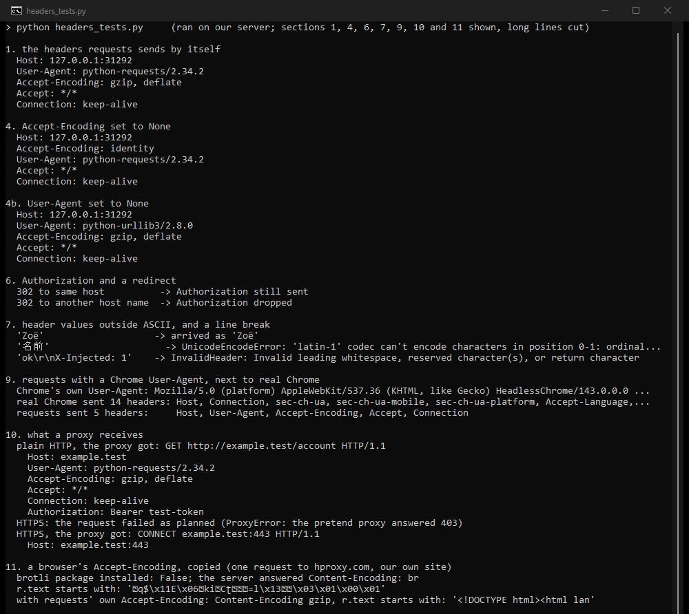 What arrived at our test server: defaults, None, redirects, bad values, Chrome against requests, a proxy's view and br
