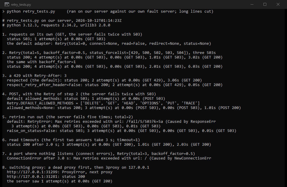 Every retry case, with the time of each attempt at our fault server