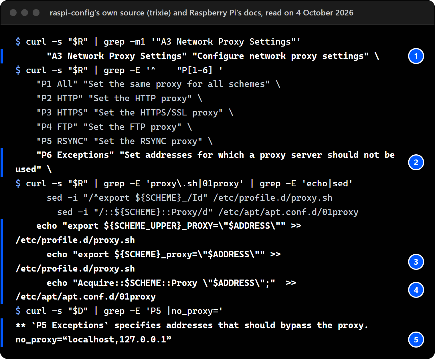 Terminal on our workstation, 4 October 2026: raspi-config's source on its trixie branch shows the A3 Network Proxy Settings menu with P1 All, P2 HTTP, P3 HTTPS, P4 FTP, P5 RSYNC and P6 Exceptions, and the lines that write /etc/profile.d/proxy.sh and /etc/apt/apt.conf.d/01proxy; Raspberry Pi's documentation source calls the exceptions entry P5 and shows no_proxy with curly quotes.