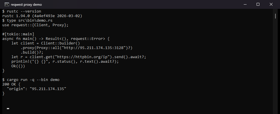 Our terminal running the reqwest program through a public proxy and printing 200 OK with the proxy address as the origin.