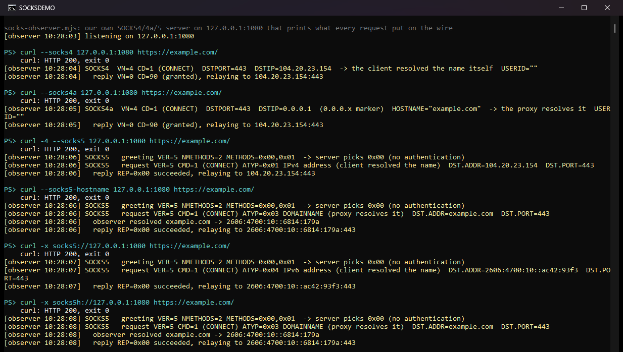 Our own console: curl run six ways through a wire-logging SOCKS server, with the server printing the version, command, address type and destination of each request.