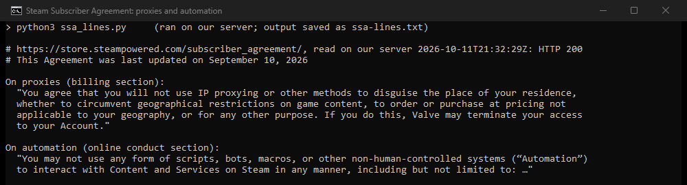 Terminal output: the Steam Subscriber Agreement's rules on IP proxying and on scripts, read on our server