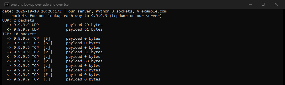 Terminal output from our server: one DNS lookup to 9.9.9.9 over UDP takes 2 packets, a 29-byte query and a 61-byte answer; over TCP it takes 10 packets: SYN, SYN-ACK, ACK, the 31-byte query, ACK, the 63-byte answer, ACK, FIN, FIN and ACK.