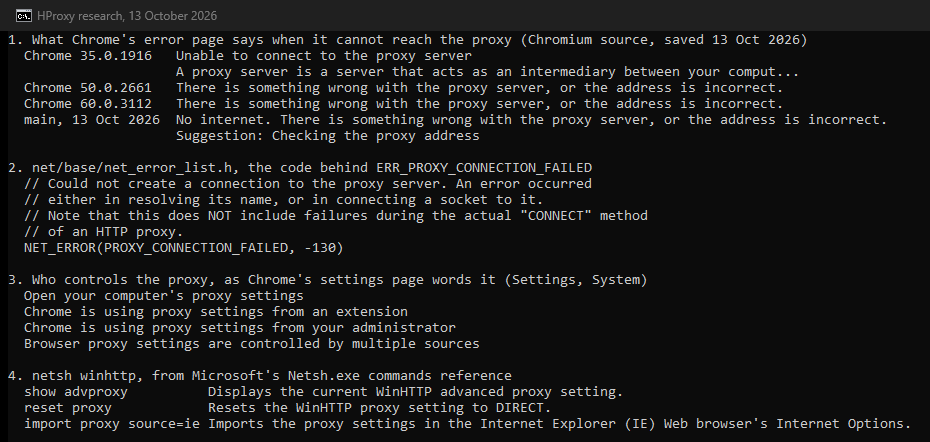 Our console: Chrome's wording for this error by version, the code behind it, and the netsh winhttp commands.