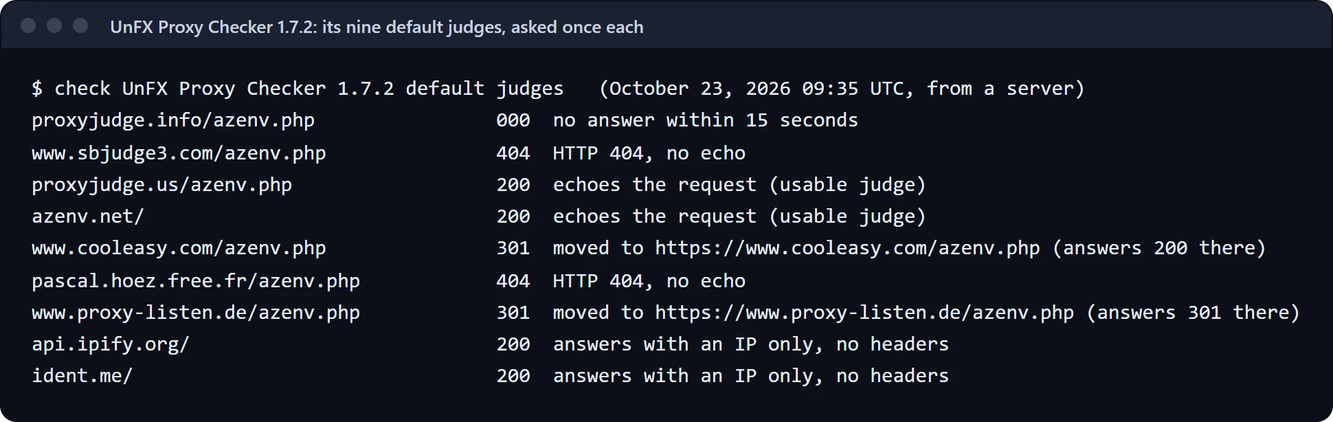 Terminal capture of our check: proxyjudge.info gave no answer within 15 seconds, sbjudge3.com and pascal.hoez.free.fr answered 404, proxyjudge.us and azenv.net echoed the request, cooleasy.com and proxy-listen.de moved to https addresses, and api.ipify.org and ident.me answered with an address only.