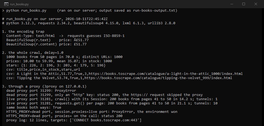 Terminal output of our test: the two prices, the full crawl and the proxy tests