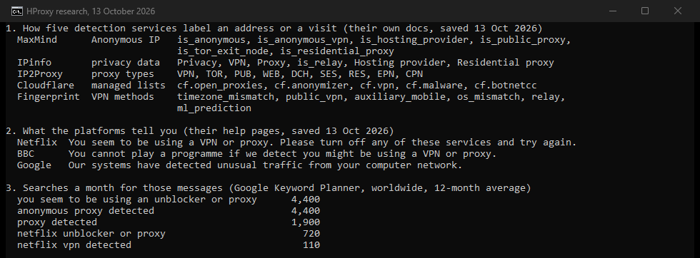 Our console: the labels five detection services document, the messages three platforms show, and how often people search for them.