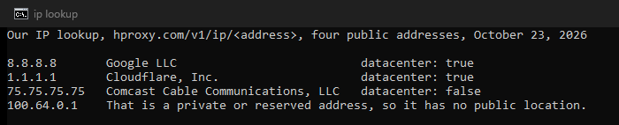 Our console: our IP lookup reads 8.8.8.8 (Google LLC) and 1.1.1.1 (Cloudflare, Inc.) as datacenter addresses, 75.75.75.75 (Comcast Cable Communications) as not datacenter, and 100.64.0.1 as a private or reserved address with no public location.