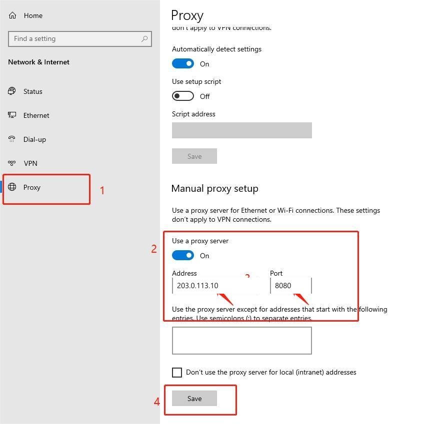 The Windows 10 proxy page: Automatically detect settings on, Use setup script off, and under Manual proxy setup the Use a proxy server switch with the Address and Port boxes filled in, the exceptions box, and the Save button.