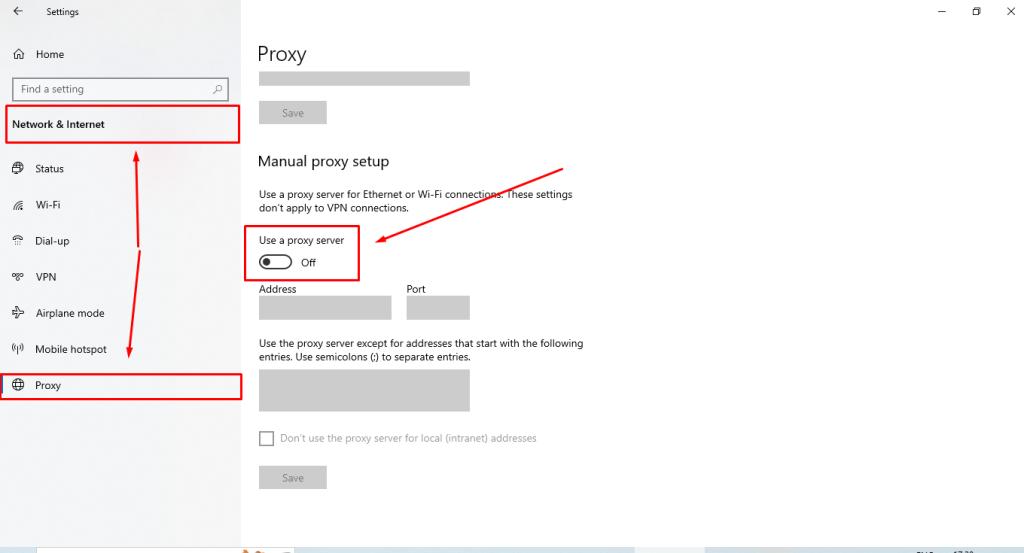 The Windows 10 proxy page with Use a proxy server switched off and the Address and Port boxes empty.