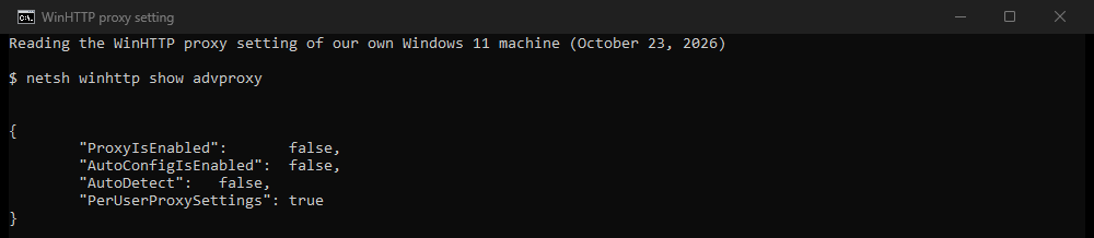 Our console: netsh winhttp show advproxy on our Windows 11 machine prints a JSON block with ProxyIsEnabled false, AutoConfigIsEnabled false, AutoDetect false and PerUserProxySettings true.