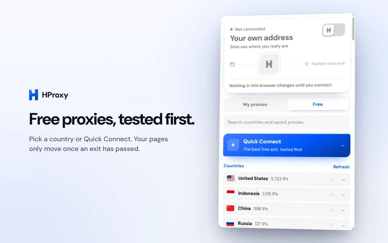 The Free tab of the HProxy extension: Quick Connect and free proxies by country